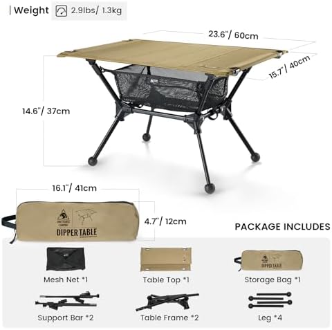 ONETIGRIS Dipper Camping Table, Lightweight Portable Folding Table with Mesh Storage Net, High/Low Options, Ideal for Camping, Hiking, Tailgating, Beach, Picnic, Travel, Backyard