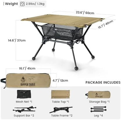 ONETIGRIS Dipper Camping Table, Lightweight Portable Folding Table with Mesh Storage Net, High/Low Options, Ideal for Camping, Hiking, Tailgating, Beach, Picnic, Travel, Backyard
