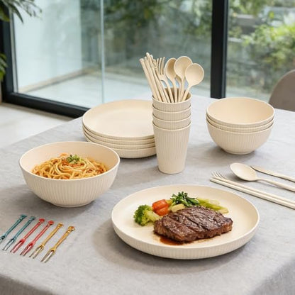 Dinnerware Sets, 16PCS Unbreakable Plates Bowls Cups Reusable for 4 People, with Storage Box and Cutlery Set, Dishwasher Microwave Safe for Camping Picnic Home Party