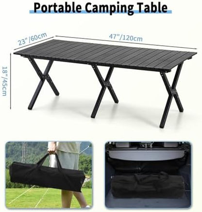 4Ft Aluminum Folding Camping Table, Portable Picnic Table, Outdoor Lightweight Collapsible Camp Table, Roll-up Camping Table for Beach,Party, Patio, BBQ, Travel, Backyard (Black Upgraded Version)
