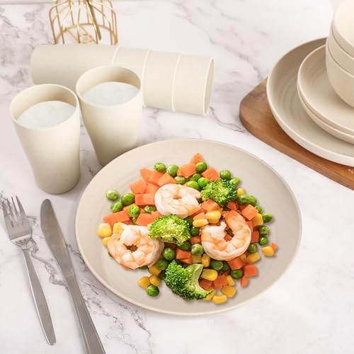 32 Pcs Wheat Straw Dinnerware Set for 8, Cream Reusable Plates and Bowls Set, Microwave Safe Lightweight Unbreakable Dishes Set for Kitchen, Camping, Outdoor, RV