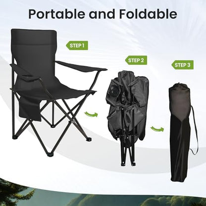 SUNW 2 Pack Folding Camping Chair, 300lbs Steel Frame Outdoor Chair with Cup Holder & Side Pocket for Camping Hiking Picnic Beach, Black