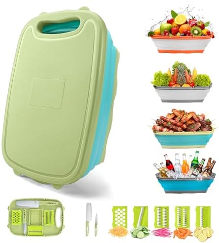 Gintan Camping Cutting Board, 9-in-1 Collapsible Chopping Board with Colander, Kitchen Vegetable Washing Basket for Camping, Camping Gifts Camping essentials for RV Campers (Blue Green)
