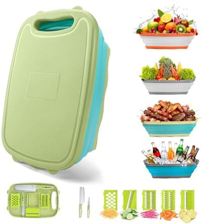 Gintan Camping Cutting Board, 9-in-1 Collapsible Chopping Board with Colander, Kitchen Vegetable Washing Basket for Camping, Camping Gifts Camping essentials for RV Campers (Blue Green)