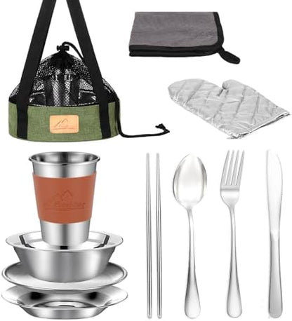 Camping Mess Kit - 1 to 2 Persons Camping Dishes Includes Cups, Bowls, Knives, Forks, Spoons, Camping Dinnerware Set Camping Cooking Utensils Accessories Plates Dinnerware Set