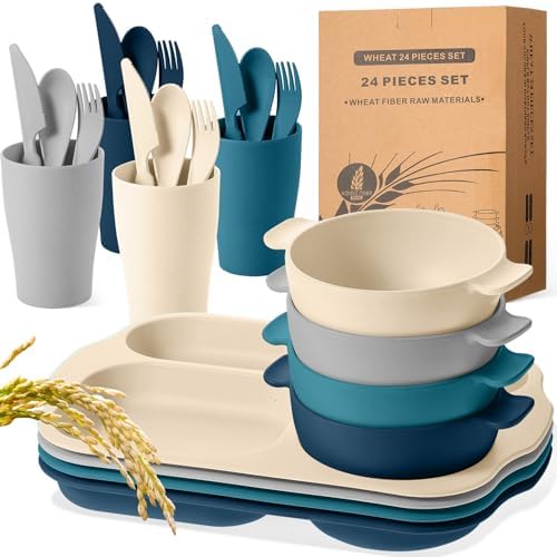 Honoson 24pcs Wheat Straw Dinnerware, Unbreakable, Dark Color