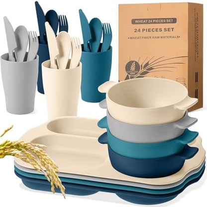 Honoson 24pcs Wheat Straw Dinnerware, Unbreakable, Dark Color