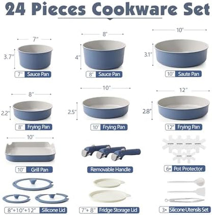 SENSARTE 24 Piece Ceramic Detachable Handle Pots and Pans Set Navy