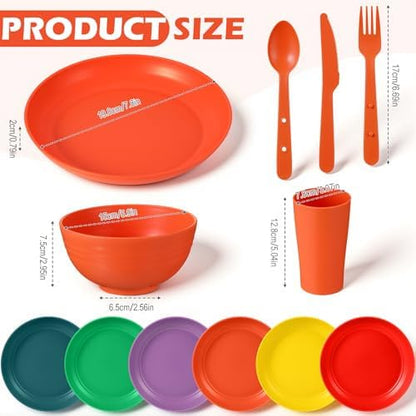 Remerry 6 Sets Camping Mess Kit with Plates Bowls Cups Spoon Fork and Knife Cutlery in 6 Colors Tableware Reusable Plastic Tableware Set for Travel Picnic Camping Necessity Home Party