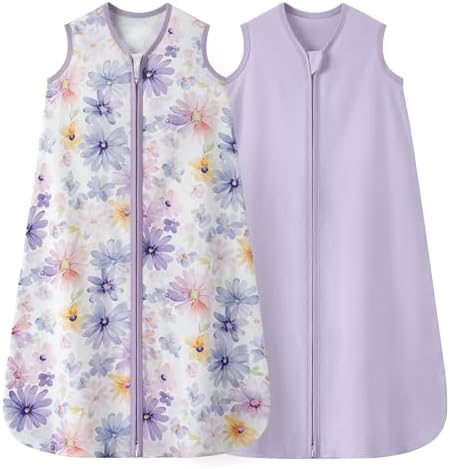 Baby Sleep Sack 18-24 Months 0.5 TOG, 100% Cotton Baby Wearable Blanket 2 Pack with 2-Way Zipper, Lightweight Sleep Bag for Boys ＆ Girls Toddler Breathable Sleeing Sack Purple Flower
