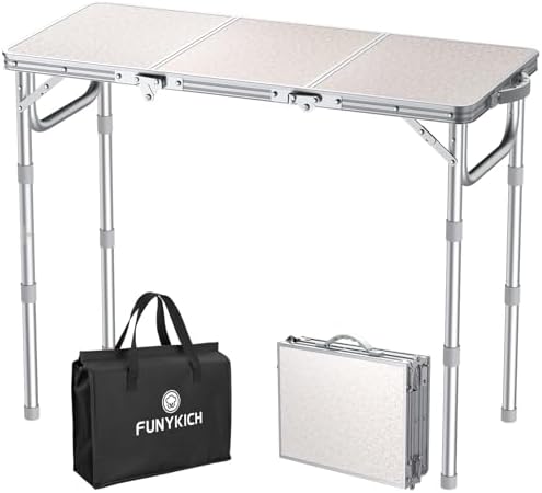 FUNYKICH 3ft Folding Camping Table, 3 Height Adjustable Max 27.5'', White