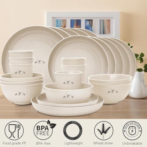 24 Pcs Wheat Straw Dinnerware Sets for 6- Unbreakable Reusable Plates and Bowls Sets Lightweight BPA Free Dishwasher, Microwave Safe Bowls and Cups- Camping Dishes for Dessert with Bowls