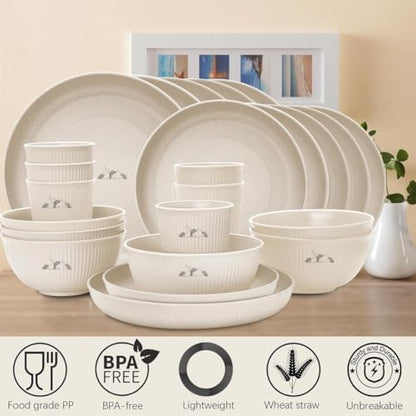 24 Pcs Wheat Straw Dinnerware Sets for 6- Unbreakable Reusable Plates and Bowls Sets Lightweight BPA Free Dishwasher, Microwave Safe Bowls and Cups- Camping Dishes for Dessert with Bowls