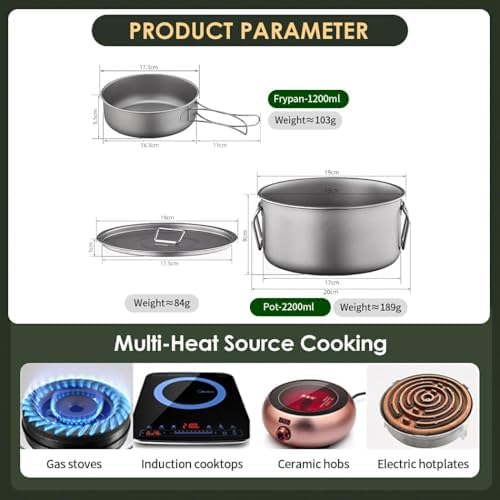 BY-J Titanium Camping Cookware 2200ML & 1200ML Titanium Pot with Lid, Camping Hanging Cookware Hiking Picnic Ultralight Bowl Tableware