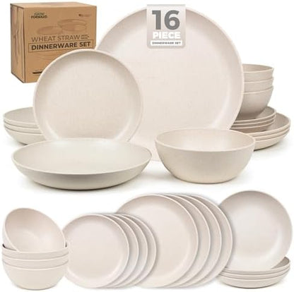 Grow Forward 16-piece Premium Wheat Straw Dinnerware Sets for 4 - Unbreakable Dishwasher & Microwave Safe Plastic Plates and Bowls Sets - Patio, Outdoors, RV, Camping Dishes - Sahara