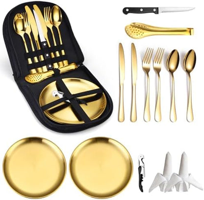 Camping Silverware Kit Cutlery Organizer Utensil Picnic Set Stainless Steel Plate Spoon Clip and Serrated Knife Wine Opener Fork Napkin Hiking - Camp Kitchen BBQ’s