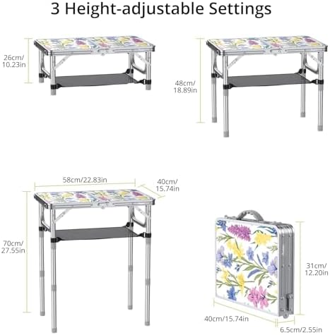 Anbte 2ft Small Folding Table, 3 Adjustable Height for Camping, 24" x 16"