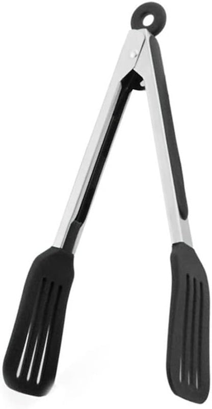 Cooking Tong 9 inches Stainless Steel Kitchen Silicone Serving Tong Heat Resistant Meat Turner Spatula Tongs Fish Tongs with Locking Handle Joint (Black)
