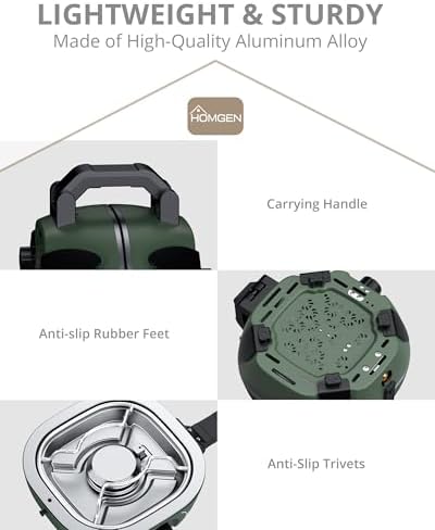 HOMGEN Portable Dual Burner Propane Stove - 20,000 BTU Foldable Camping Stove with Piezo Ignition- Portable 2 Burner for Camping/Hiking/Picnic/RV Travel Trip-Includes Storage Bag & Hose (Green)