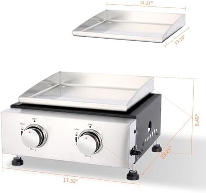 Small Portable Grill, 14 Inch Tabletop Gas Grill, 2 Burner Flat Top BBQ Propane Griddle with Legs, Cover - 20,000 BTUs Output for Outdoor Patio Backyard Camping, Tailgating, and RV Trips
