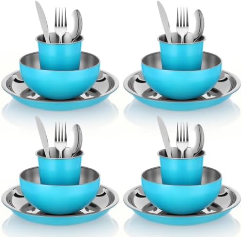 Jinei 24 Pcs Stainless Steel Camping Dinnerware Set for 4,Blue