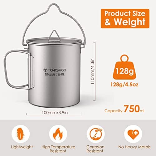 TOMSHOO 750ml/25oz Titanium Mug Camping Titanium Pot with Lid