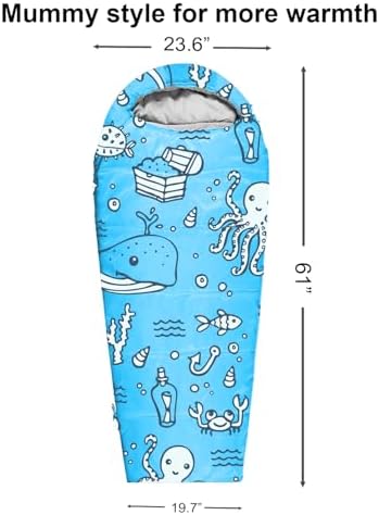KidzAdventure Mummy Style 32 – 59F Kids Sleeping Bag with Pillow Sleeve, 4 Season, Lightweight and Backpacking Style, Ideal for Camping, Sleepover, Boys, Girls, and Youth