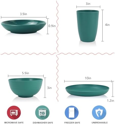 Wrova Wheat straw plates and bowls set of 16 - Unbreakable wheat straw dinnerware sets for kids - Alternative plastic dinnerware set service for 4 - Microwave safe and Dishwasher safe bowls. Green