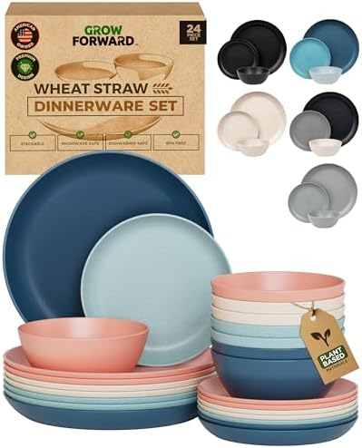 Grow Forward 24-piece Premium Wheat Straw Dinnerware Sets for 8 - Unbreakable Dishwasher & Microwave Safe Plastic Plates and Bowls Sets - Patio, Outdoors, RV, Camping Dishes - Tropical