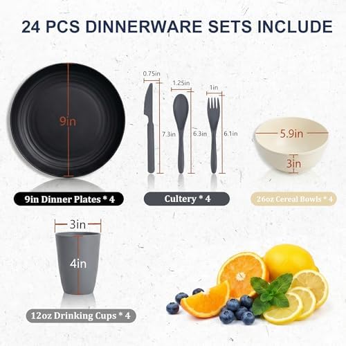 Kids Plates and Bowls Sets, Wheat Straw Dinnerware Sets(BlackBeige)