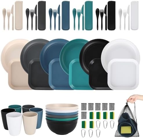 66 Pcs Wheat Straw Dinnerware Sets, Unbreakable Dinnerware Set, Reusable Wheat Straw Plates and Bowls Set for 6, Camping Mess Kit for Travel,Camping Essentials,Picnic,Home,Party