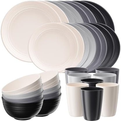 Quatish 32 Pcs Plates and Bowls Sets, Plastic Dinnerware Sets for 8, Grey