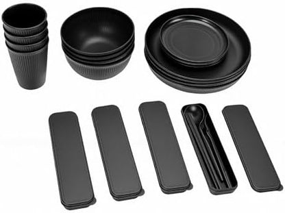 20 Piece Dinnerware Set for 4 Reusable Plates Bowls Cutlery Set, Microwave Safe Dishwasher Safe Portable PP Travel Camping Picnics with Storage Box