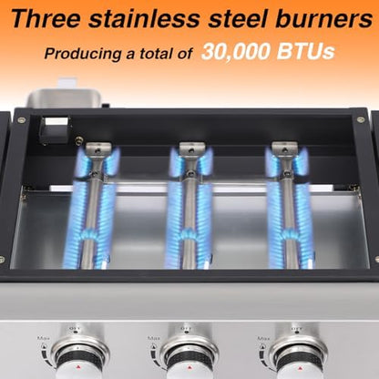 Gas Grill Griddle Combo with 3 Burners - Propane Grill on Cart - Stainless Steel 30,000 BTU -Camping Grill with 2 Foldable Tables, Cover - Outdoor Cooking Station for BBQ Backyard