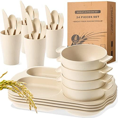 Honoson 24pcs Wheat Straw Dinnerware, Unbreakable, Beige