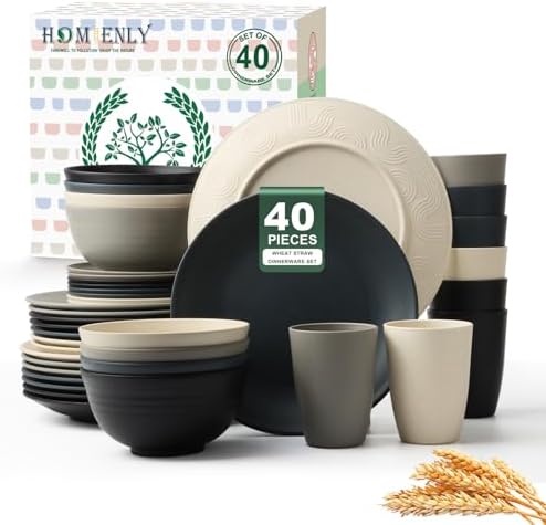 Homienly Kitchen Wheat Straw Dinnerware Set 40 PCS - Dinner Plates, Cereal Bowls, Wheat Straw Cups Set, Microwave and Dishwasher Safe Dishes Set, Unbreakable Dish Set for Party, Outdoor(Grey Stone)