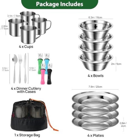 Odoland 29pcs Stainless Steel Utensils Camping Mess Kits for 4 Person