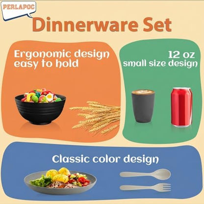 20 PCS Wheat Straw Plates and Bowls Sets,Kids Dishes Dinnerware Sets for 4,Unbreakable Kitchen Plates and Bowls Set for Travel Dishwasher & Microwave Safe Lightweight Dishes Set - BlackGrey