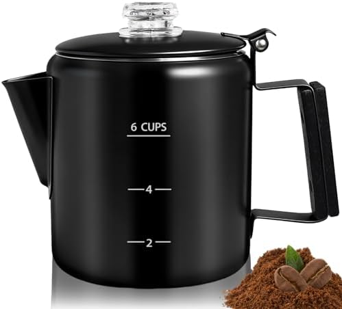 6 Cup Percolator 304 Stainless Steel Coffee Pot Coffee Maker Coffee Machine with Solid Wood Handle Transparent Knob Stovetop Greca Mocha for Induction Home and Camping 1000ml 33.8oz Black