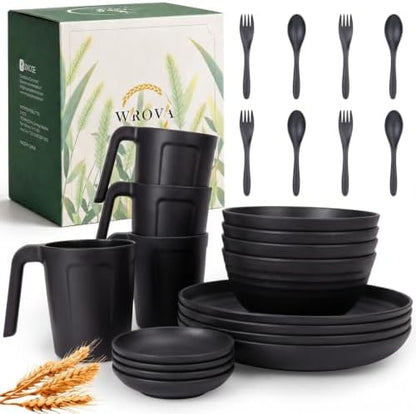 Wrova Black Plates and Bowls Sets for 4, Wheat Straw Dinnerware Sets 24PCS