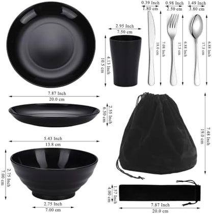 Kyraton Camping Utensils, Portable Travel Silverware Set with Reusable Light Weight Mug, Bowls and Plate, Stainless Steel Cutlery Set, Camping Mess Kit for 1 Person