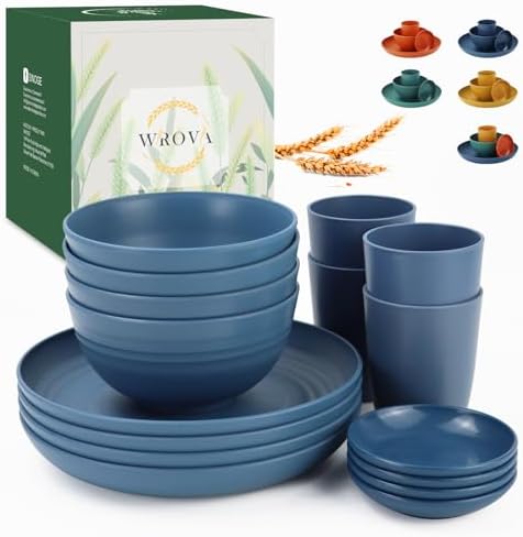 Wrova Wheat straw plates and bowls sets of 16 - Unbreakable wheat straw dinnerware sets for camping - Alternative plastic dinnerware set service for 4 - Microwave safe and Dishwasher safe bowls. Blue