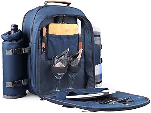 Sunflora Picnic Backpack for 2 Person Set Pack with Insulated Waterproof Pouch for Couple Outdoor Camping (Navy)