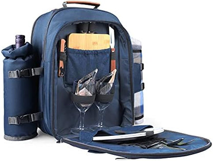 Sunflora Picnic Backpack for 2 Person Set Pack with Insulated Waterproof Pouch for Couple Outdoor Camping (Navy)