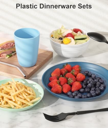 Quatish 32 Piece Plastic Plates and Bowls Sets for 4, Dinnerware Sets, Blue