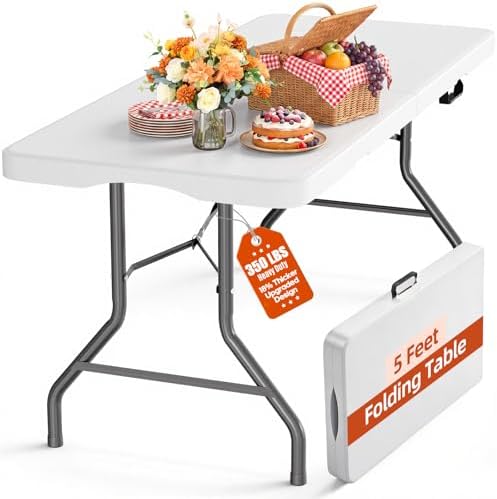 SKONYON 5ft Folding Table Heavy Duty 350 LBS Foldable Table with 18% Thicker HDPE Top Reinforced Steel Frame Portable Fold-in-Half Table Under 18 lbs for Outdoor Indoor Party Wedding Camping White
