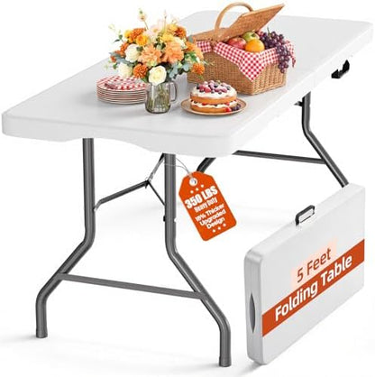 SKONYON 5ft Folding Table Heavy Duty 350 LBS Foldable Table with 18% Thicker HDPE Top Reinforced Steel Frame Portable Fold-in-Half Table Under 18 lbs for Outdoor Indoor Party Wedding Camping White