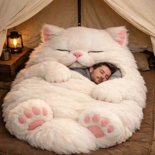 Giant Fluffy Cat Sleeping Bag for Adults - Soft Plush Cat Shaped Sleeping Bag for Human, Cozy & Warm Envelope Style Blanket Animal Shaped Sleep Bags for Home Camping Travel