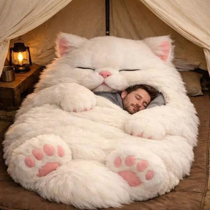 Giant Fluffy Cat Sleeping Bag for Adults - Soft Plush Cat Shaped Sleeping Bag for Human, Cozy & Warm Envelope Style Blanket Animal Shaped Sleep Bags for Home Camping Travel