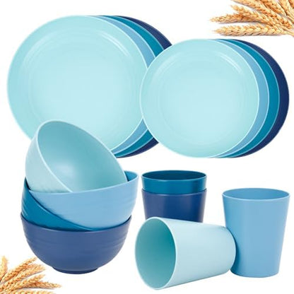 Rubtlamp 16pcs Wheat Straw Dinnerware Set, Unbreakable Plates And Bowls Sets of 4, Plastic Plates Set Reusable (Light Deep Four Colors) Daily